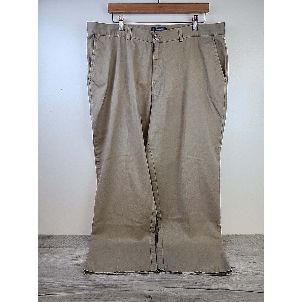 Premier International Men's Pants Khaki Tan Flat Front Business Casual 41 x 28.5